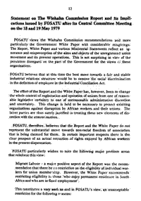 Statement on the Wiehahn Commission Report and its implications issued by FOSATU after its central committee meeting on the 18 and 19 May 1979