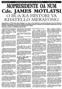 Mopresidente oa NUM Cde. James Motlatsi: o bua ka histori ya khatello merafong (article written in Sotho language)