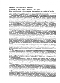 
South African Youth Congress discussion paper towards restructuring the United Democratic Front, building of a formidable foundation for National unity
