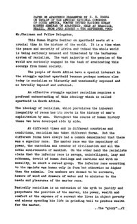 Paper on apartheid presented on behalf of the African National Congress of South Africa to the United Nations Human Rights Seminar on apartheid, held at Brasilia, Brazil, 23rd August - 5th September 1966

