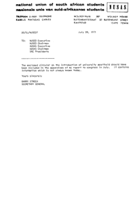 Letter from Barry Streek, Secretary General, NUSAS, to NUSED Executive and others

