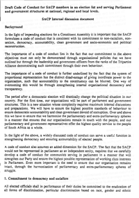 Draft Code of Conduct for SACP members in an election list and serving Parliament and government structures at national, regional and local levels
