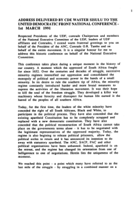 Address delivered by Comrade Walter Sisulu at the United Democratic Front  National Conference held on 1st March 1991
