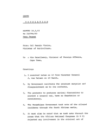 Telex from Col Sergio Vieira, Minister of Agriculture, Mozambique, to His Excellency, Minister of Foreign Affairs, Cape Town
