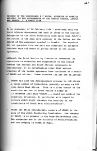 Message of the Honourable R F Botha, Minister of Foreign Affairs, to the Governments of the United States, Angola and Zambia: 6 March 1984
