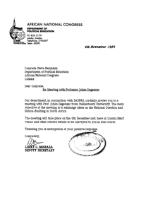 Letter from the ANC Department of Political Education to Comrade Steve Benjamin
