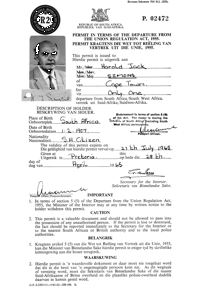 Permit in terms of the Departure from the Union Regulations Act, 1955
