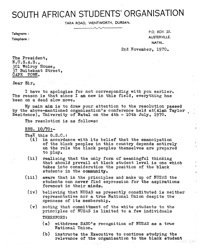 Letter from the Secretary of SASO  to the President of NUSAS 