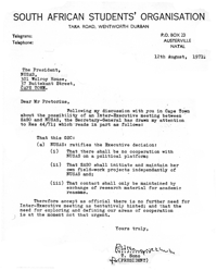 Letter from Temba Sono (SASO) to Paul Pretorius (NUSAS) 