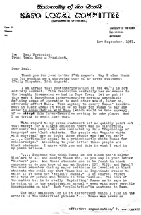 Letter from Paul Pretorius (NUSAS) to Temba Sono (SASO) 