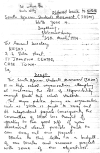 Letter from Basil Lenkoe, SASM,  to NUSAS General Secretary 