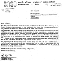 Letter from Terrence Tryon of SASO to Secretary of the Soweto Students Representative Council 1977 
