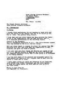 Letter from S. S. Mazibuko to Branch General 