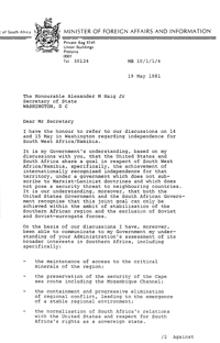 Letter from R F Botha, Minister of Foreign Affairs and Information, to the Honourable Alexander M Haig Jr, Secretary of State, Washington DC
