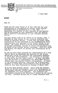 Letter from R F Botha, Minister of Foreign Affairs and Information, to Alexander M Haig
