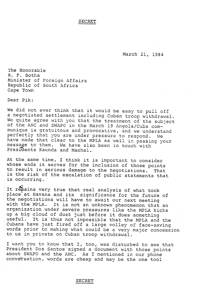 Letter from Chester A Crocker to the Honourable R F Botha
