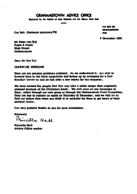 Letter from Priscilla Hall to Peter Van Zijl OF Espin and Espin, regarding pension cases for six Glenmore residents
