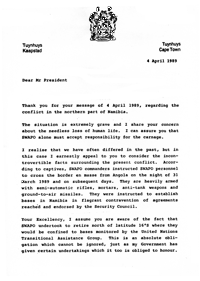 Letter from P W Botha, State President of the Republic of South Africa, to His Excellency Mr Kenneth D Kaunda, President of the Republic of Zambia
