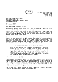 Letter addressed to the Churchwardens and councillors, Christ Church Kei Road describing events leading to the eviction of farm workers from Wolseley Estate

