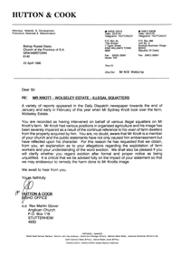 Letter addressed to Reverend David Russell from Hutton and Cook Attorneys
