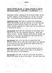 
Meeting between the Hon. R F Botha, Minister of Foreign Affairs and Information and Ambassador Herman Nickel of the United States: Cape Town, 16 May 1983
