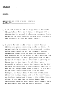 
Meeting with Dr Jonas Savimbi: Pretoria, 12 April 1984
