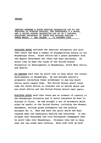 
Meeting between a South African delegation led by the Minister of Foreign Affairs, the Honourable R F Botha and a United States delegation led by Dr C Crocker, Assistant Secretary of State for African Affairs: Santa Maria, Sal Island, 31 October 1984
