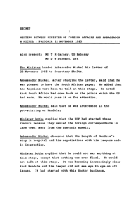 
Meeting between Minister of Foreign Affairs and Ambassador H Nickel: Pretoria, 22 November 1985
