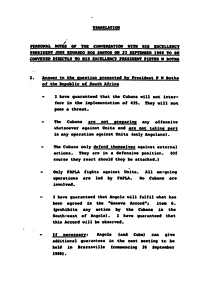Personal notes of the conversations with his Excellency President Jose Eduardo Dos Santos on 23 September 1988 to be conveyed directly to His Excellency President Pieter W Botha
