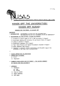 Hands off the universities: hands off NUSAS: dossier for the press: 26 August 1987
