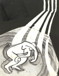 
Black and white artwork of person lying in jail
