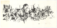 Black and white artwork of workers and army