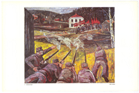 
Multicoloured poster of miltary attack on people waving red flags.
