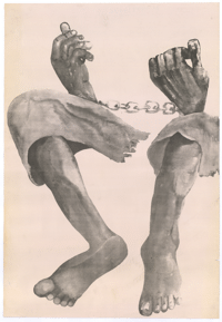Artwork of legs and hands in chains