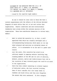 Statement on the expulsion from the ANC of South Africa
