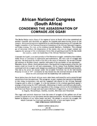 African National Congress (South Africa) condemns the assassination of Comrade Joe Gqabi
