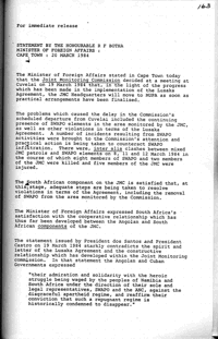 Statement by the Honourable R F Botha, Minister of Foreign Affairs: Cape Town, 20 March 1984
