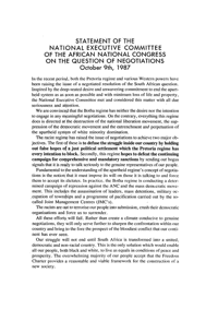 
Statement of the National Executive Committee of the African National Congress on the question of negotiations

