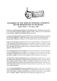 
Statement of the African National Congress on the resignation of P W Botha
