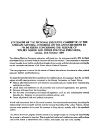 
Statement of the National Executive Committee of the African National Congress on the announcement by FW de Klerk concerning the release of Walter Sisulu and other political prisoners
