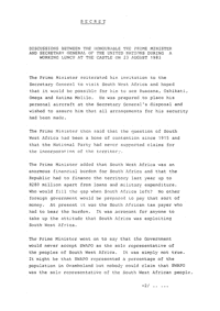 
Discussions between the Honourable Prime Minister and the Secretary General of the United Nations during a working lunch at the Castle on 23 August 1983
