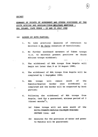 
Summary of points of Agreement and others discussed at the South African and Angolan/Cuban military meetings: Sal Island, Cape Verde, 22 and 23 July 1988
