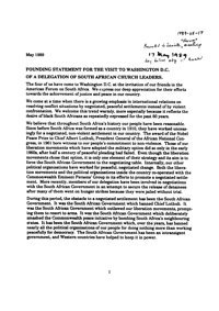 
Founding statement for the visit to Washington DC of a delegation of South African church leaders
