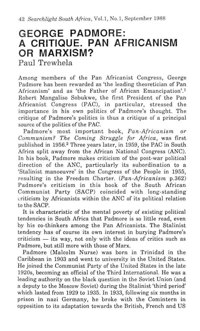 George Padmore: a critique, Pan Africanism or Marxism?