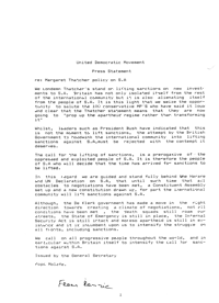 
Press statement: Margaret Thatcher policy on South Africa  
