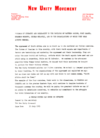 
Message of symphathy and solidarity to the families of comrades that were murdered and the organisations of which they were active members. 
