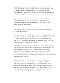
Statement by the United Democratic Front issued by Azhar Cachalia (National Treasurer)  
