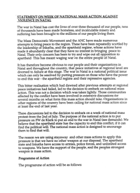 
Statement on week of National Mass Action against violence in Natal 
