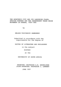 
The apartheid city and its labouring class: African workers and the independent trade union movement in Durban, 1959-1985
