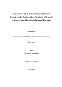 
Responses by black women to race and gender dynamics under South Africa apartheid with special reference to the Black Consciousness Movement
